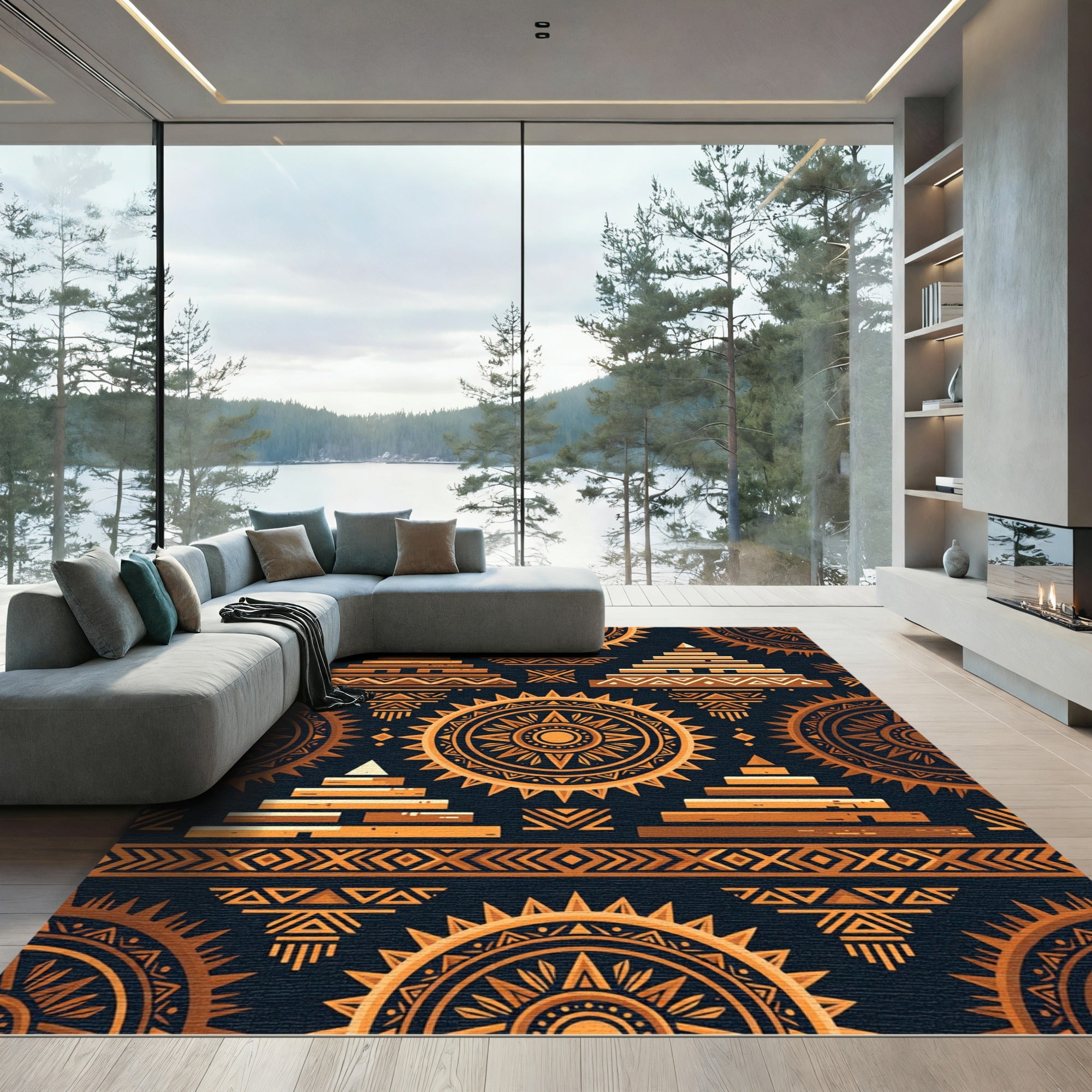 Golden Solar Temple Geometric Art Rug
