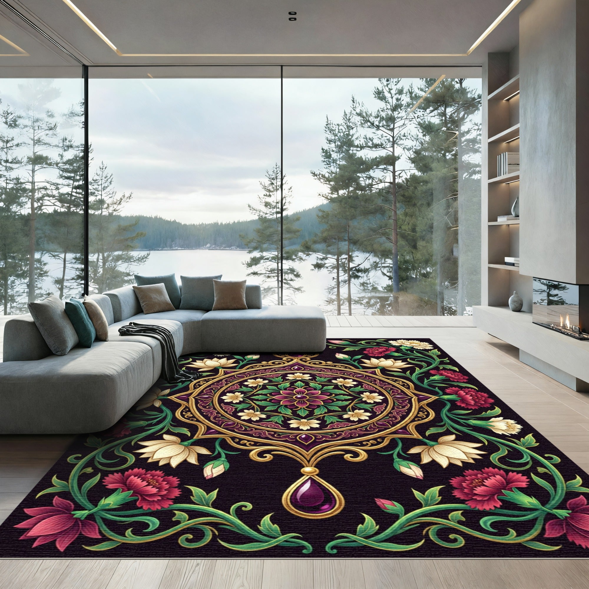 Ornate Floral Medallion Jewel Art Rug
