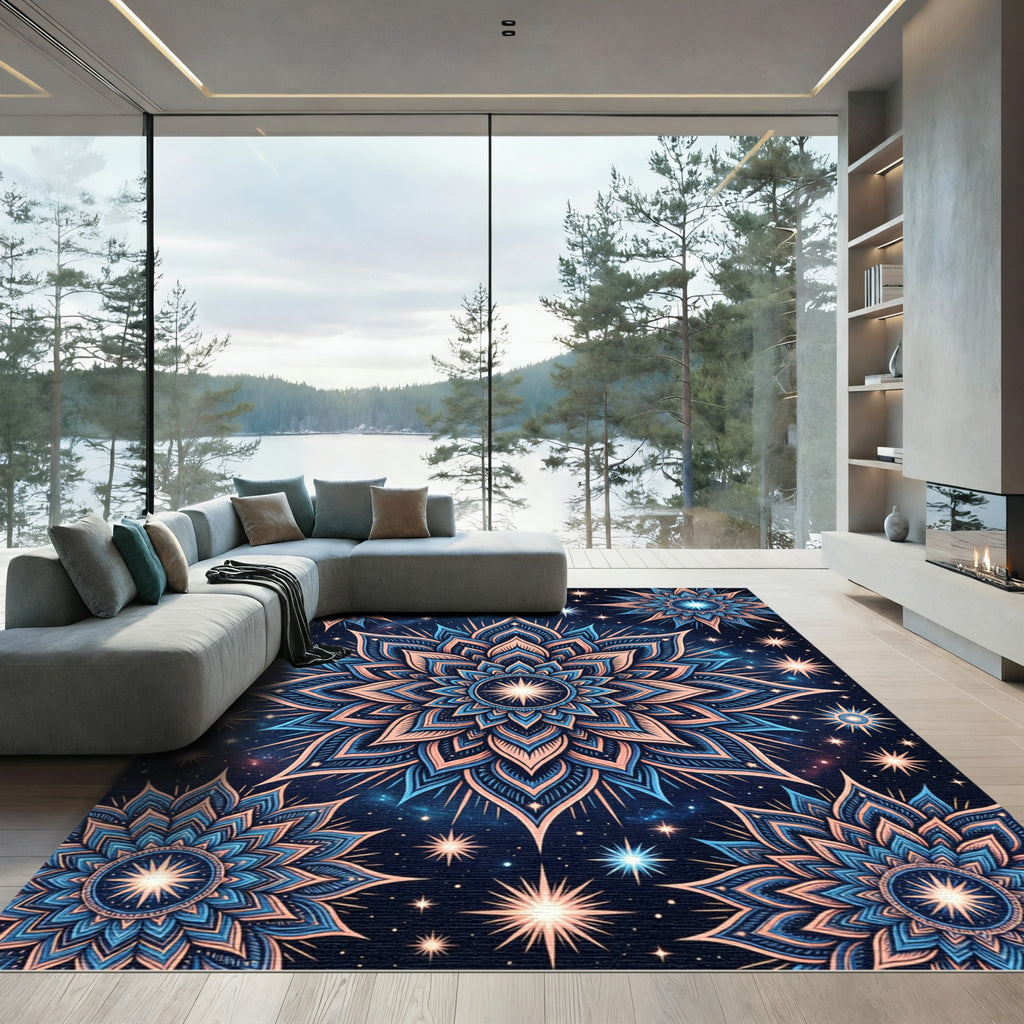 Celestial Blue Pink Flower Constellation Rug