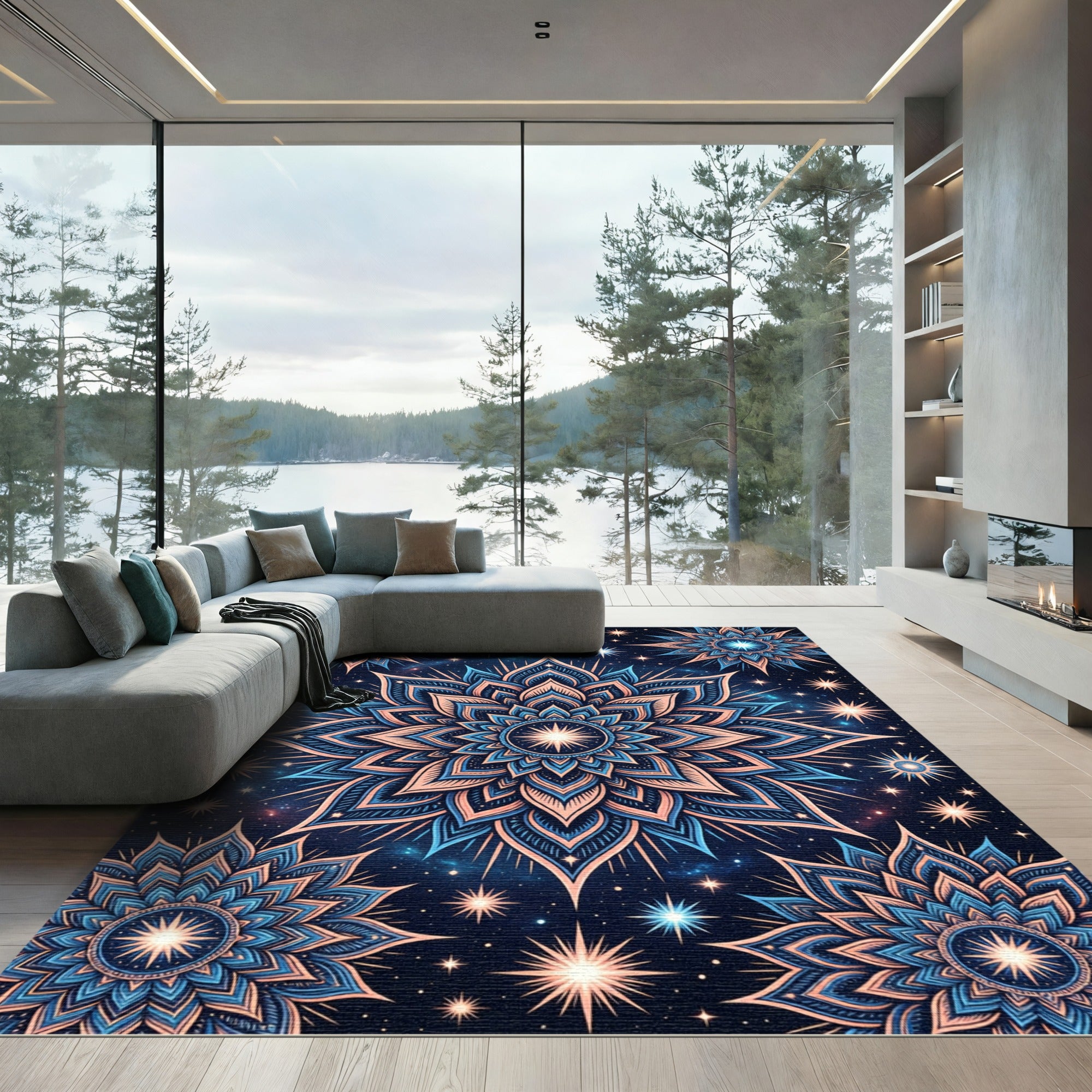 Celestial Blue Pink Flower Constellation Rug