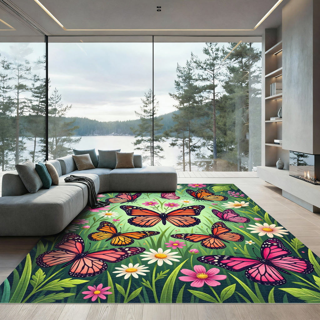 Vibrant Monarch Butterflies Amidst Flowers Rug