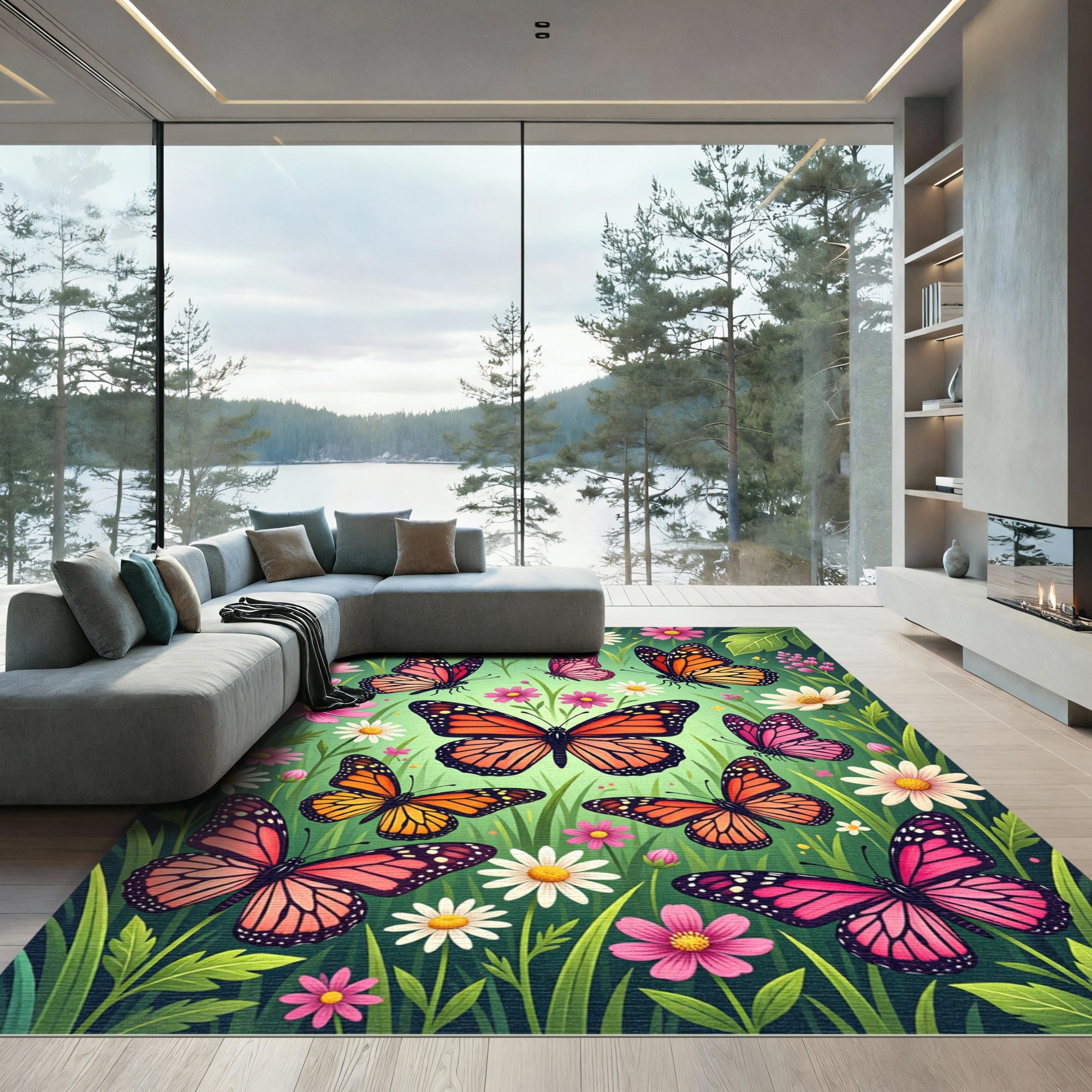 Vibrant Monarch Butterflies Amidst Flowers Rug