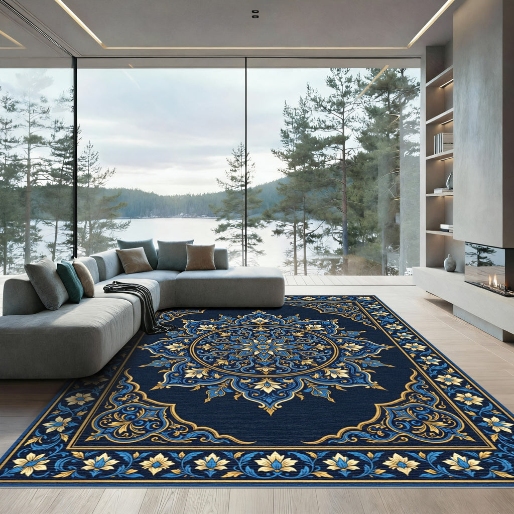 Ornate Azure Golden Bloom Medallion Rug