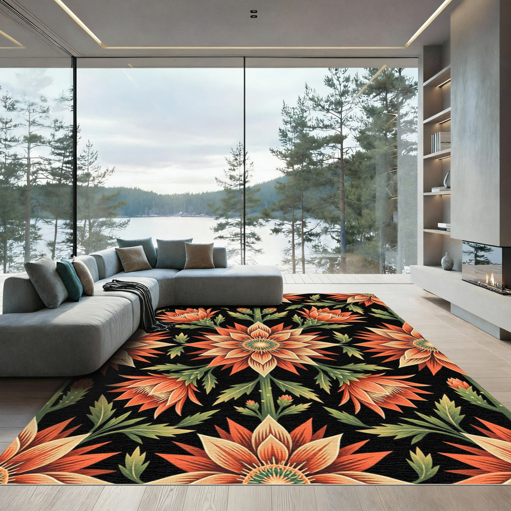 Ornate Orange Floral Art Nouveau Rug