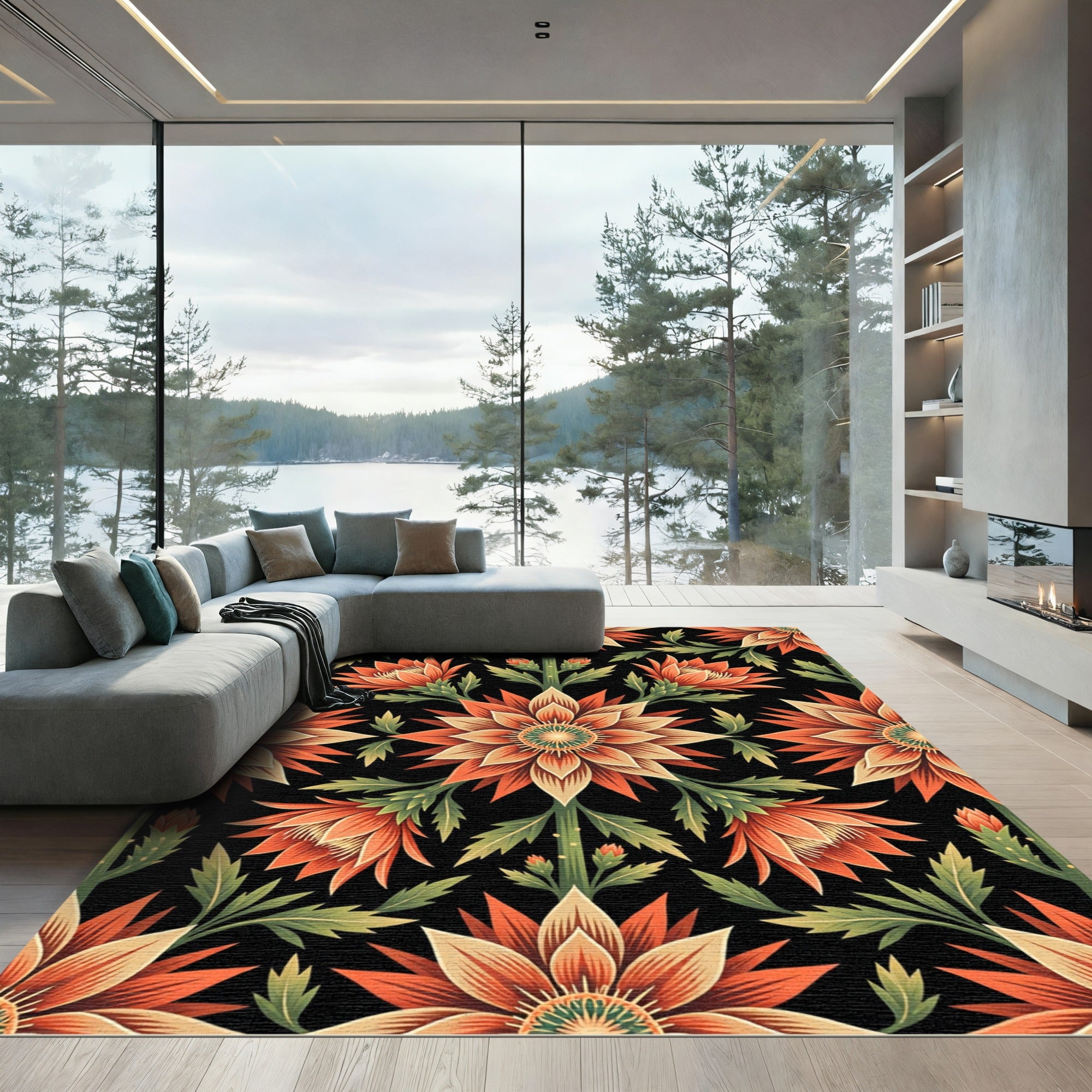 Ornate Orange Floral Art Nouveau Rug