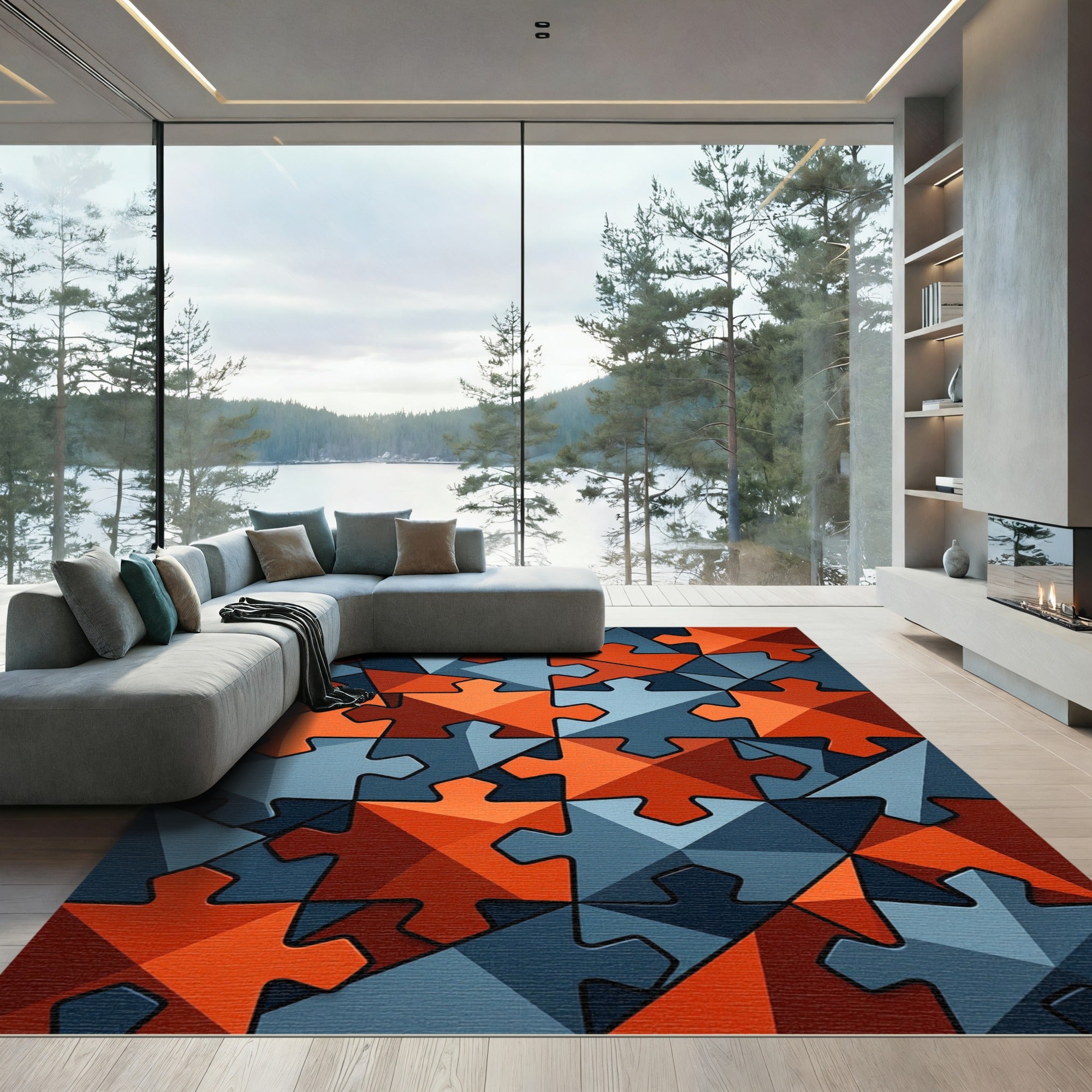 Orange Blue Puzzle Pieces Rug