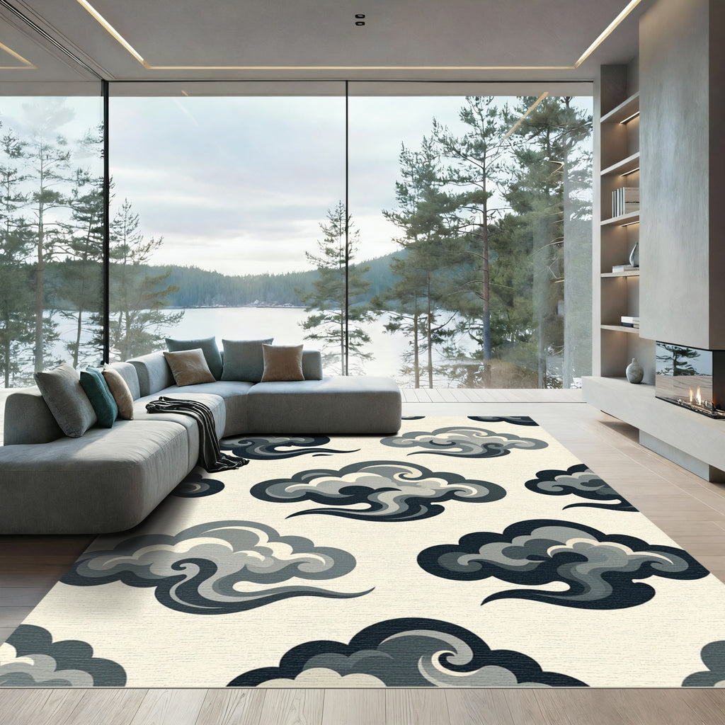 Monochromatic Gray Clouds Abstract Art Rug