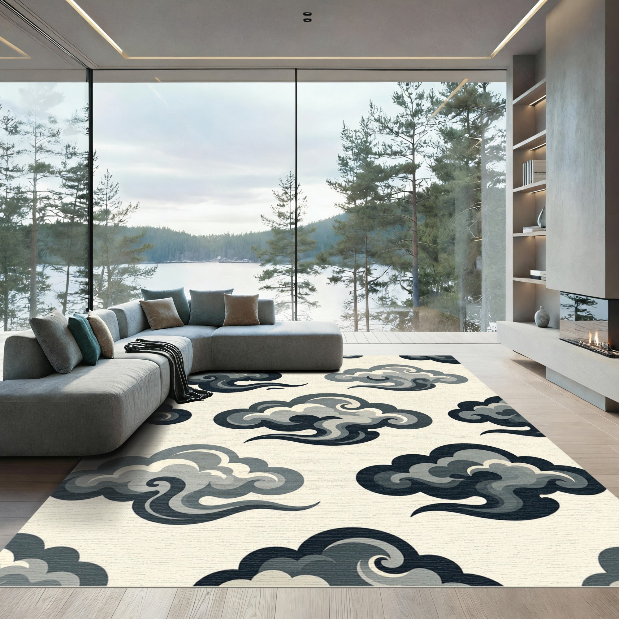 Monochromatic Gray Clouds Abstract Art Rug