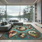 Vintage Seashell Portrait Teal Frame Art Rug