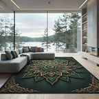 Ornate Emerald Gold Sculpted Lotus Medallion Rug