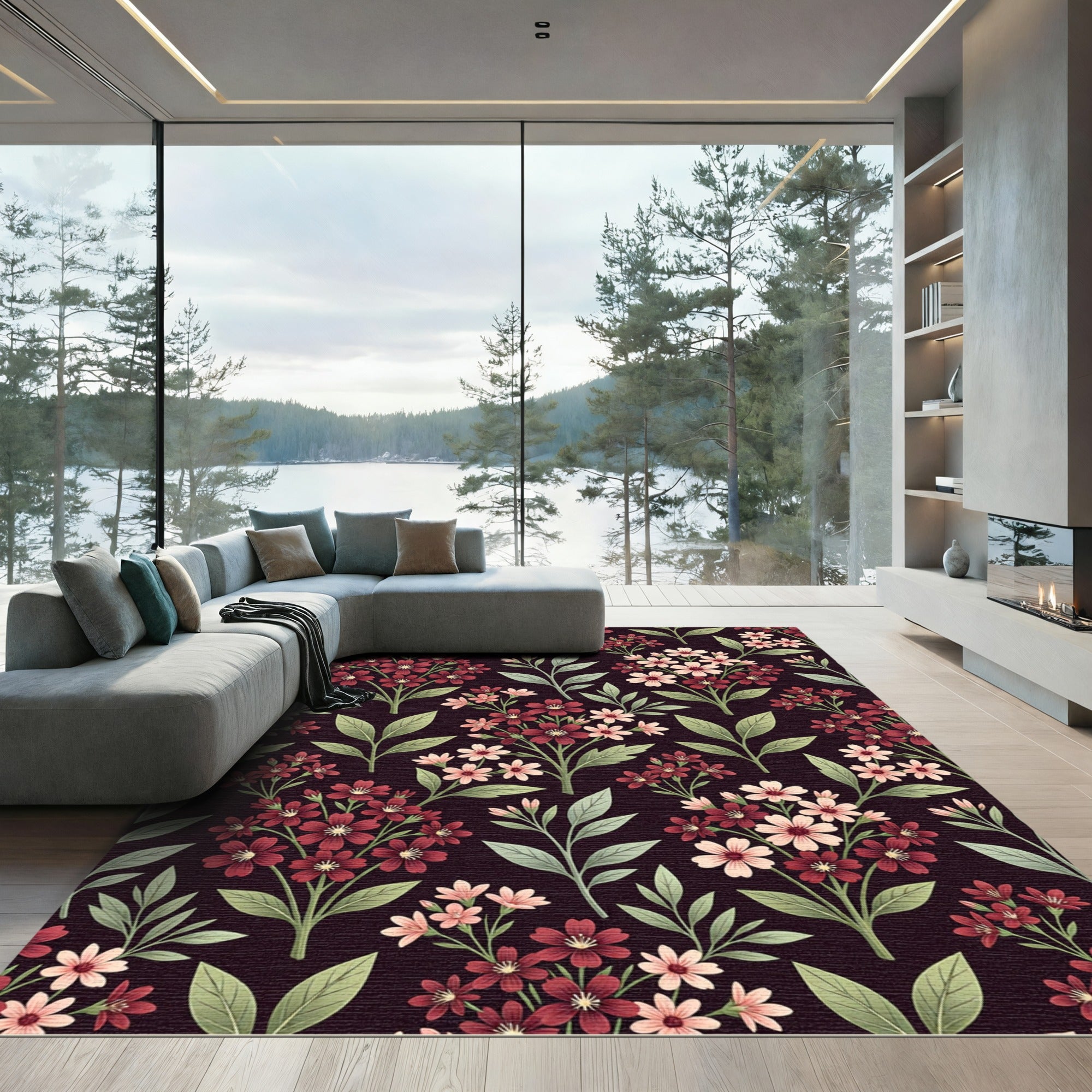 Vintage Burgundy Floral Branches Rug