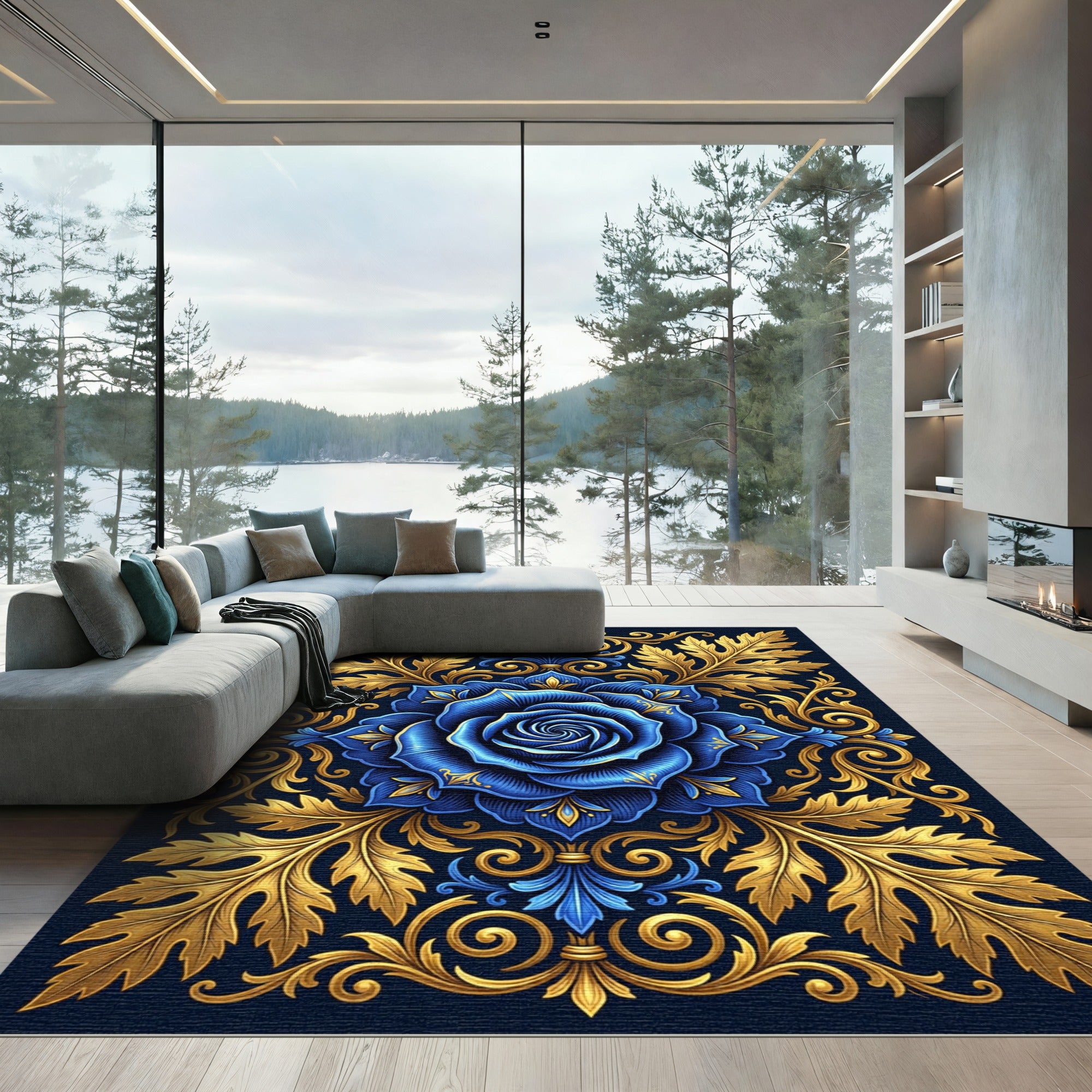 Royal Blue Rose Golden Acanthus Scroll Rug
