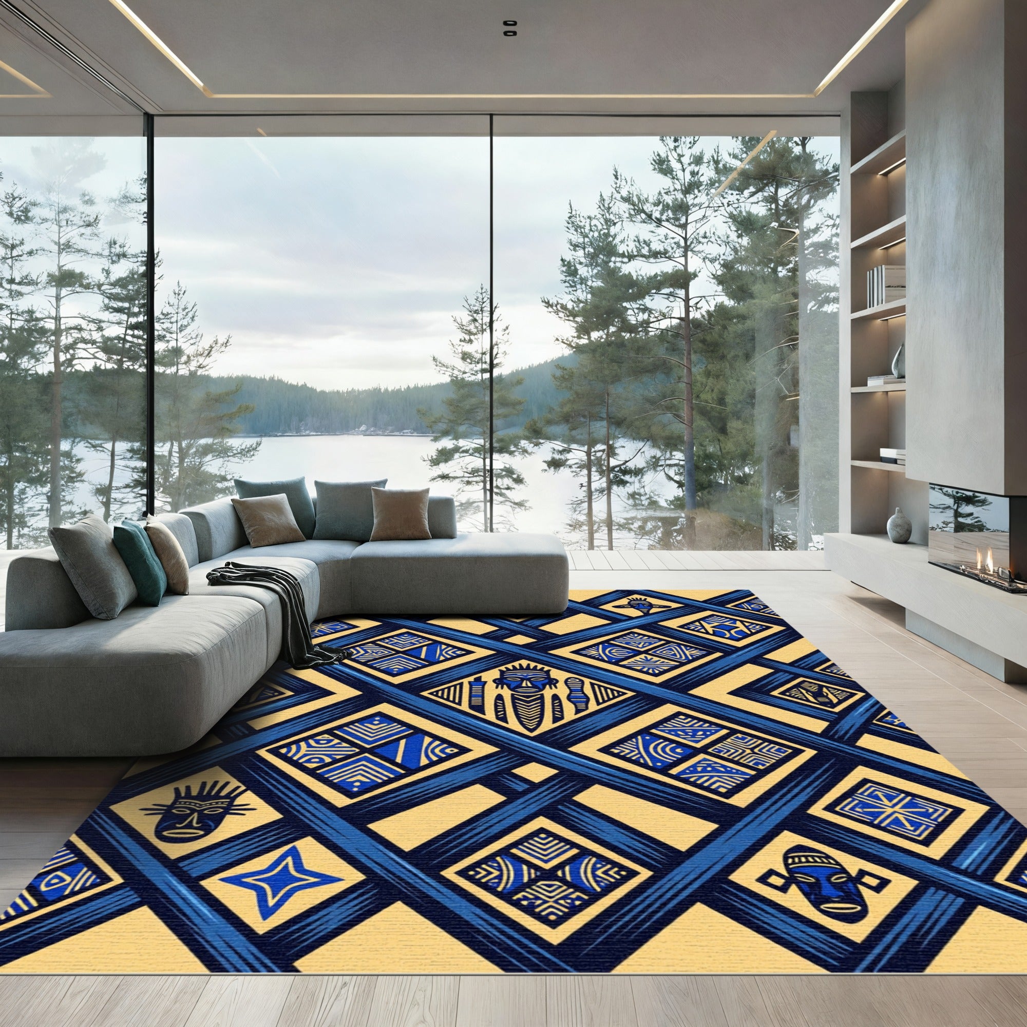 Geometric Blue Gold Tribal Diamond Rug