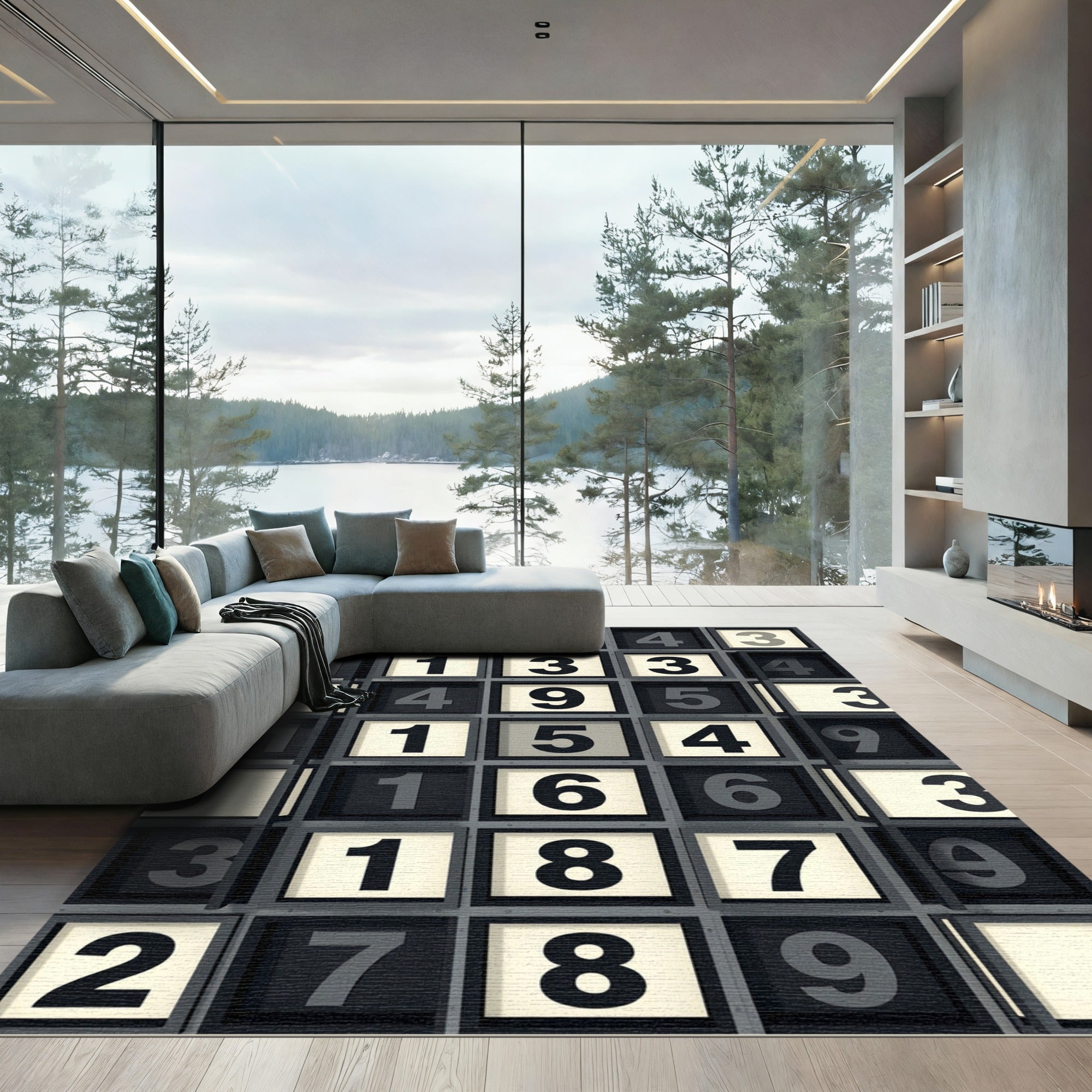 Monochromatic Grid Numerical Typographic Art Rug