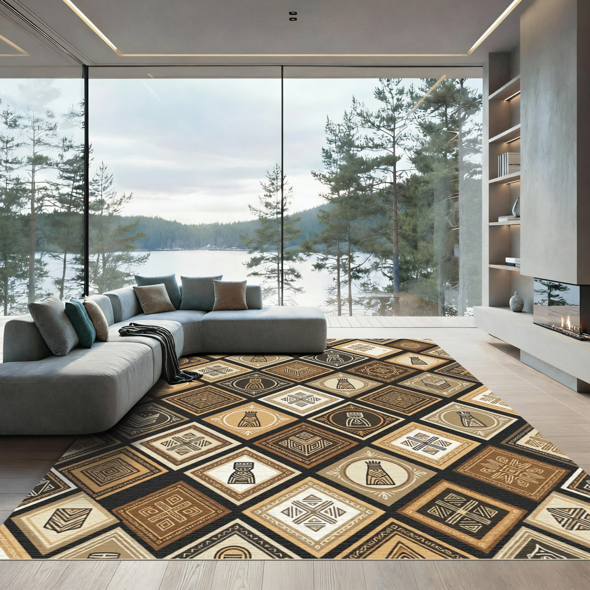 Earthy Neutral Geometric Diamond Grid Rug