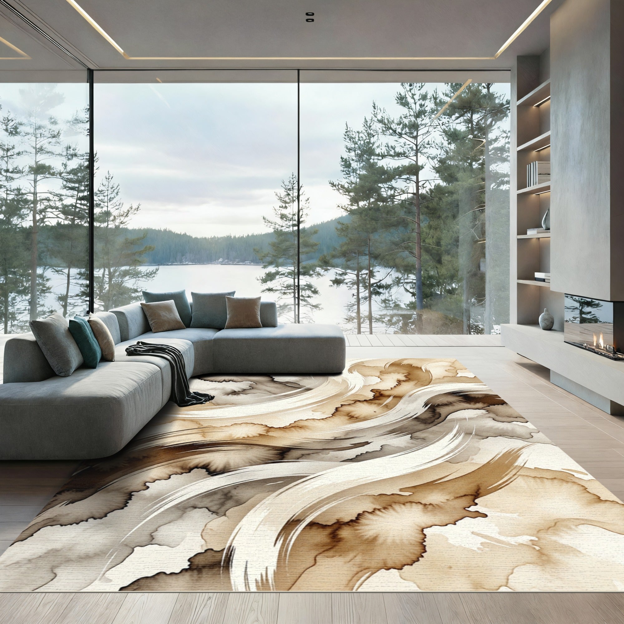 Fluid Sepia Abstract Swirl Rug
