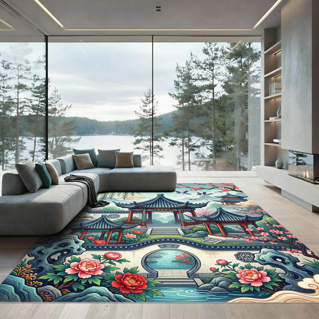 Chinoiserie Pagoda Garden Floral Illustration Rug