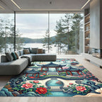 Chinoiserie Pagoda Garden Floral Illustration Rug