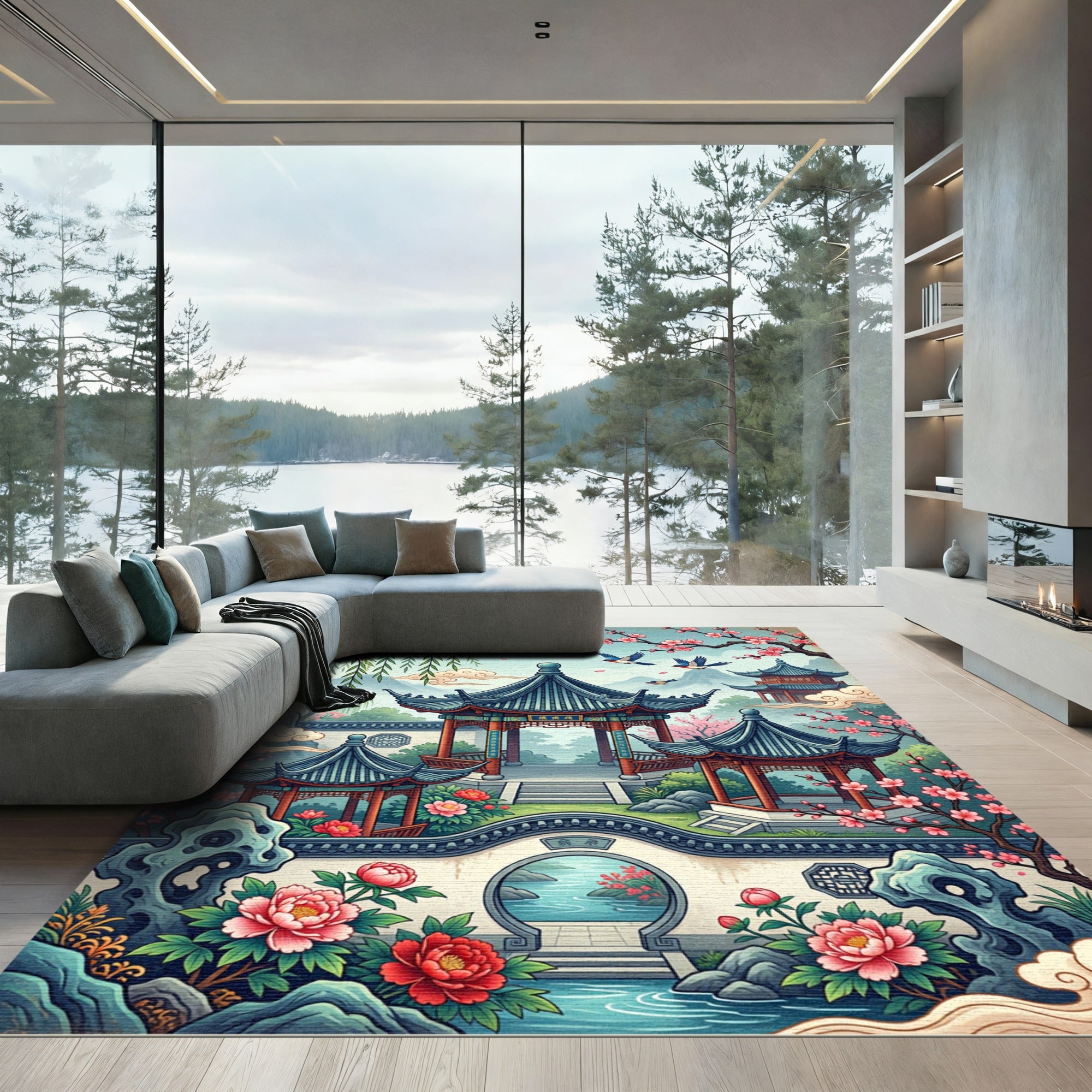 Chinoiserie Pagoda Garden Floral Illustration Rug