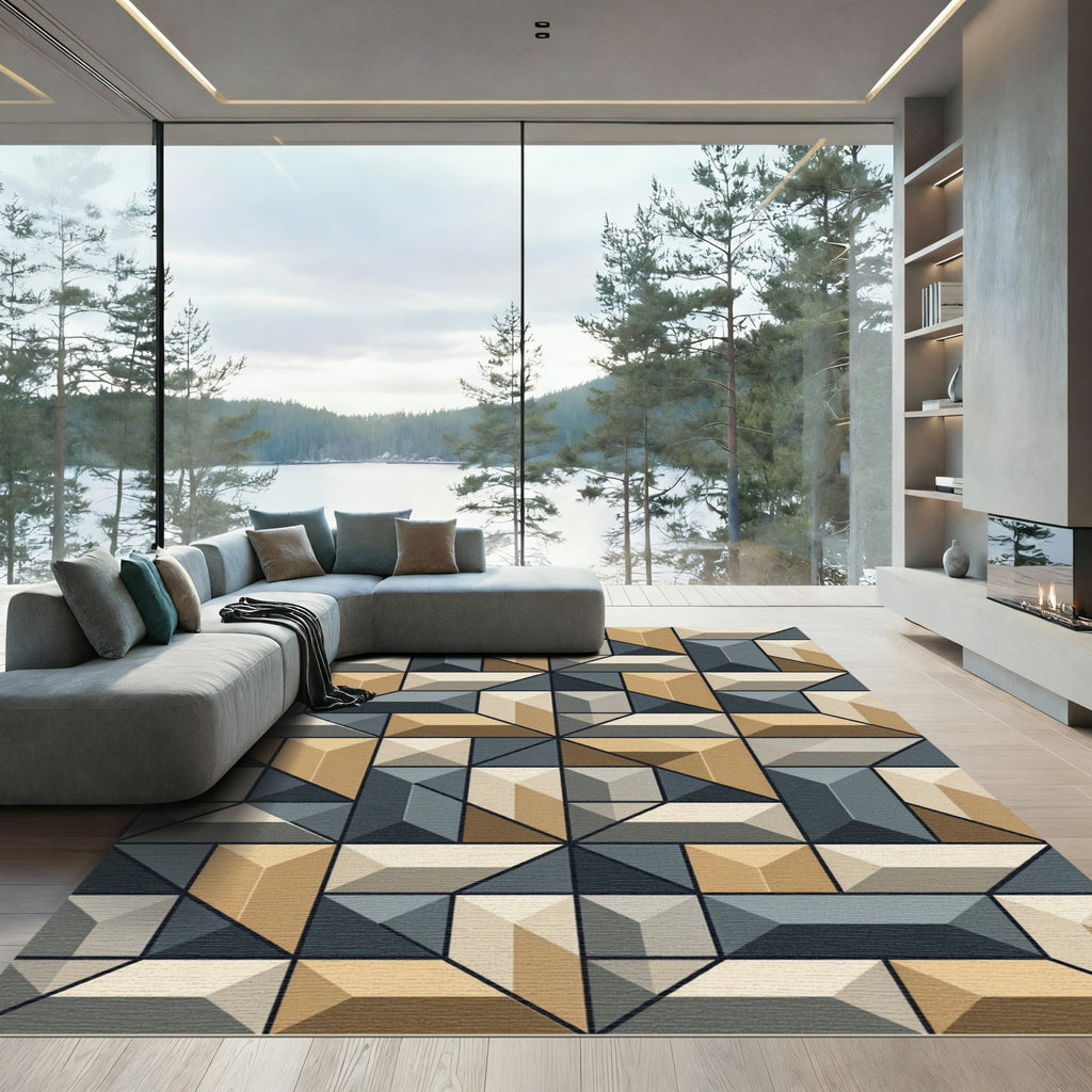 Geometric Gold Stone Gray Block Rug