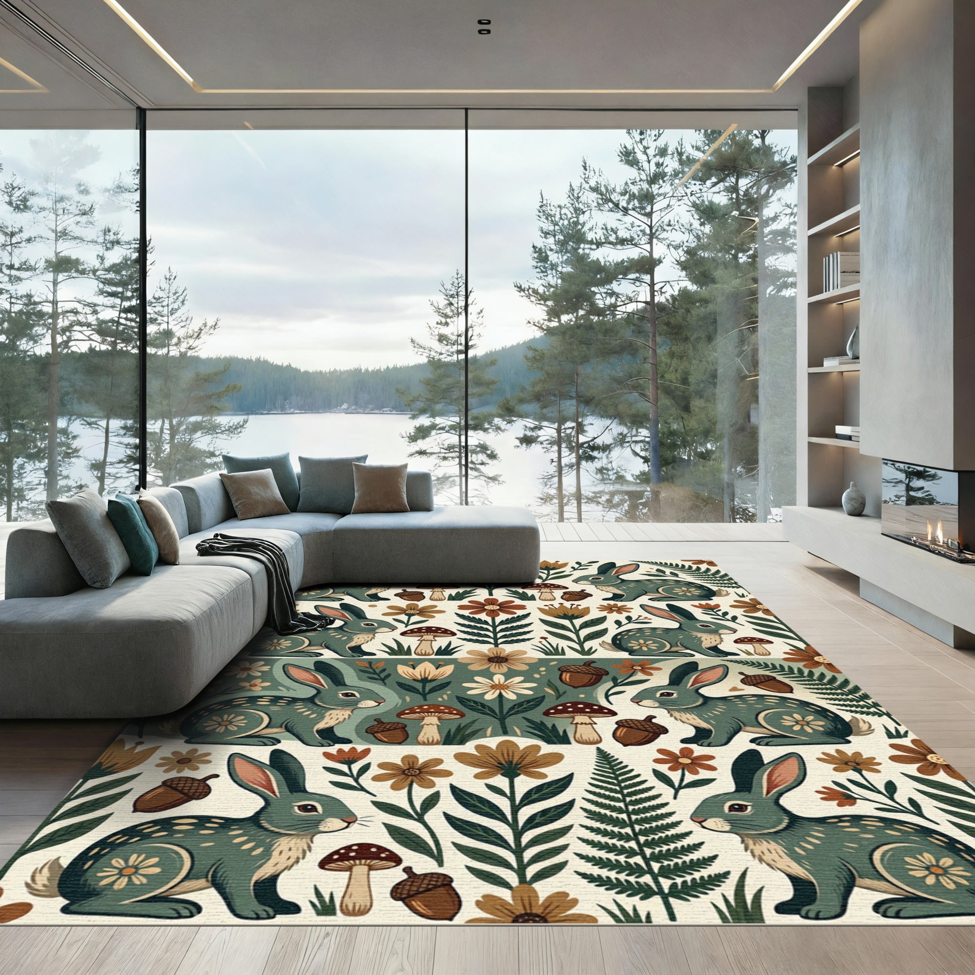 Forest Hare Mushroom Meadow Earthy Folk Rug
