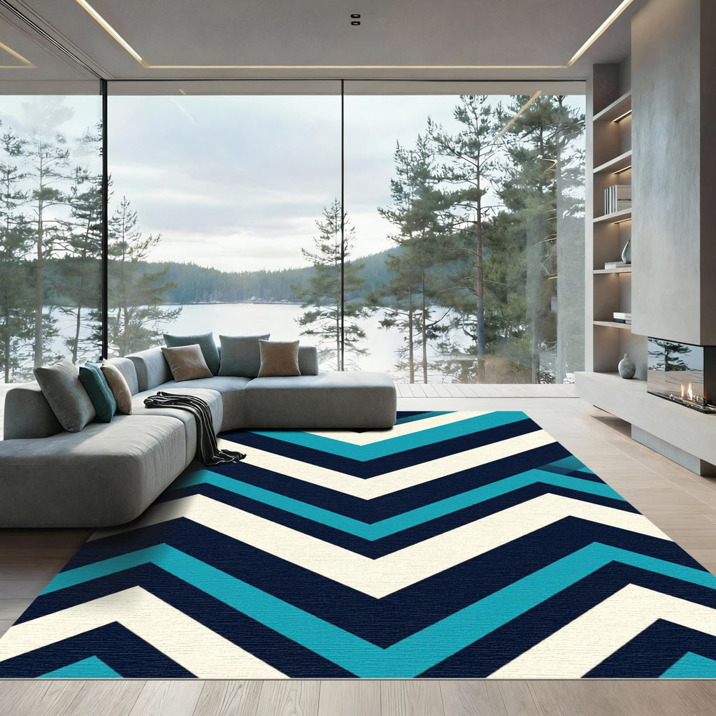 Modern Teal Navy Chevron Stripe Rug