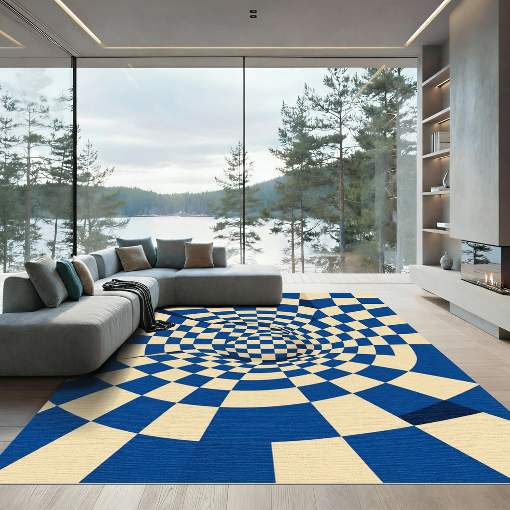 Cobalt Blue Cream Geometric Illusion Rug