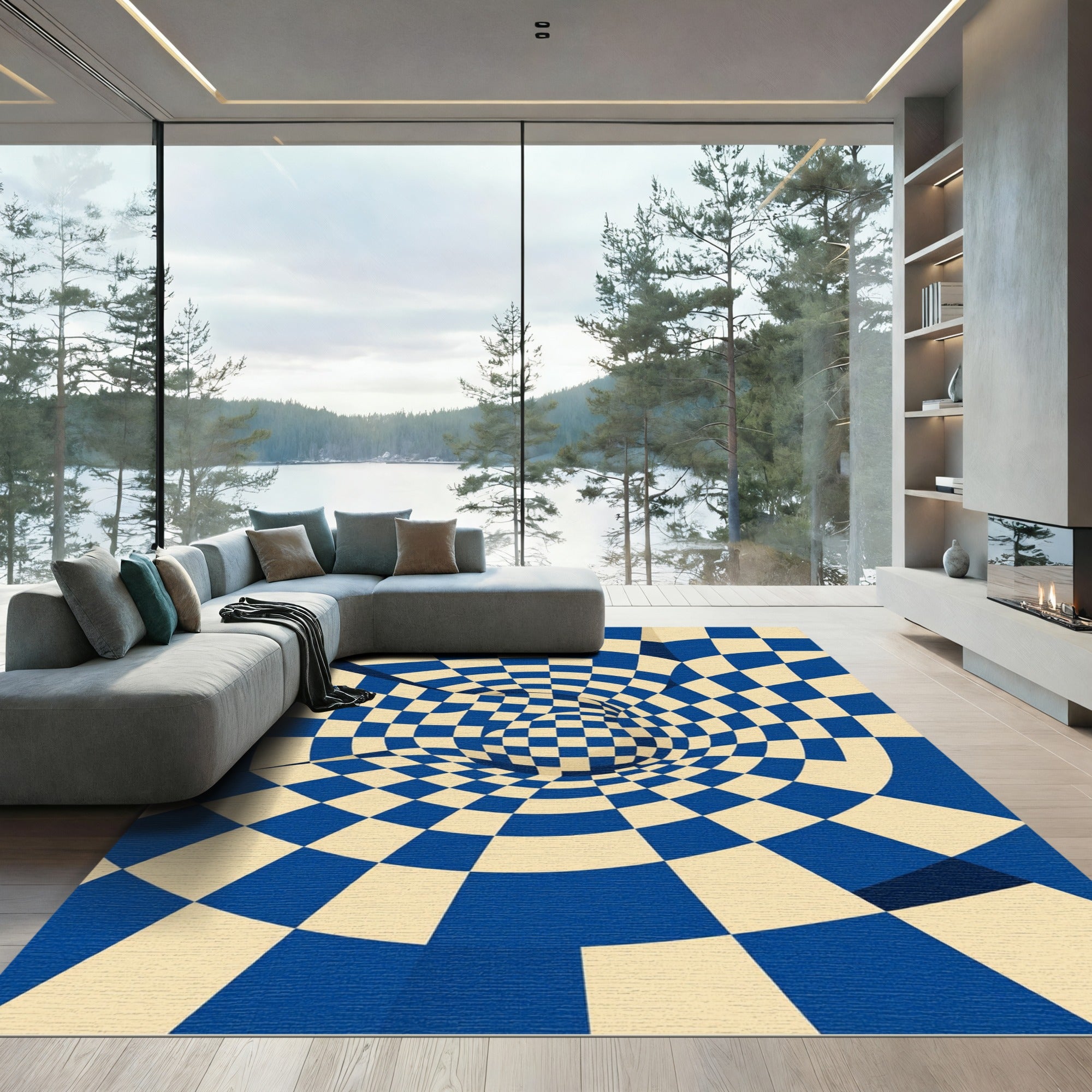Cobalt Blue Cream Geometric Illusion Rug