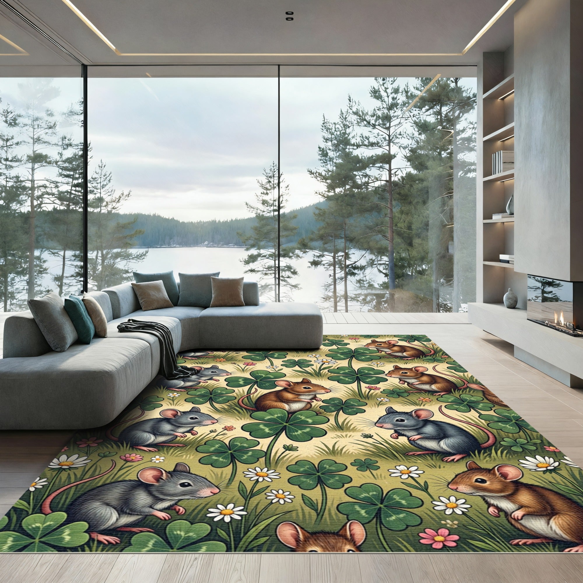 Whimsical Meadow Mice with Clover Rug