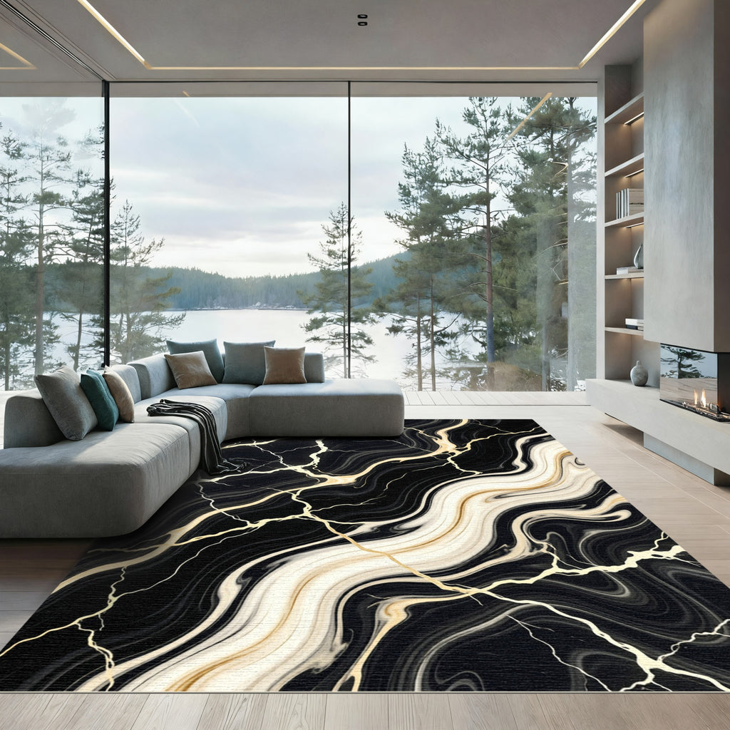 Elegant Black and Gold Marbled Swirl Rug
