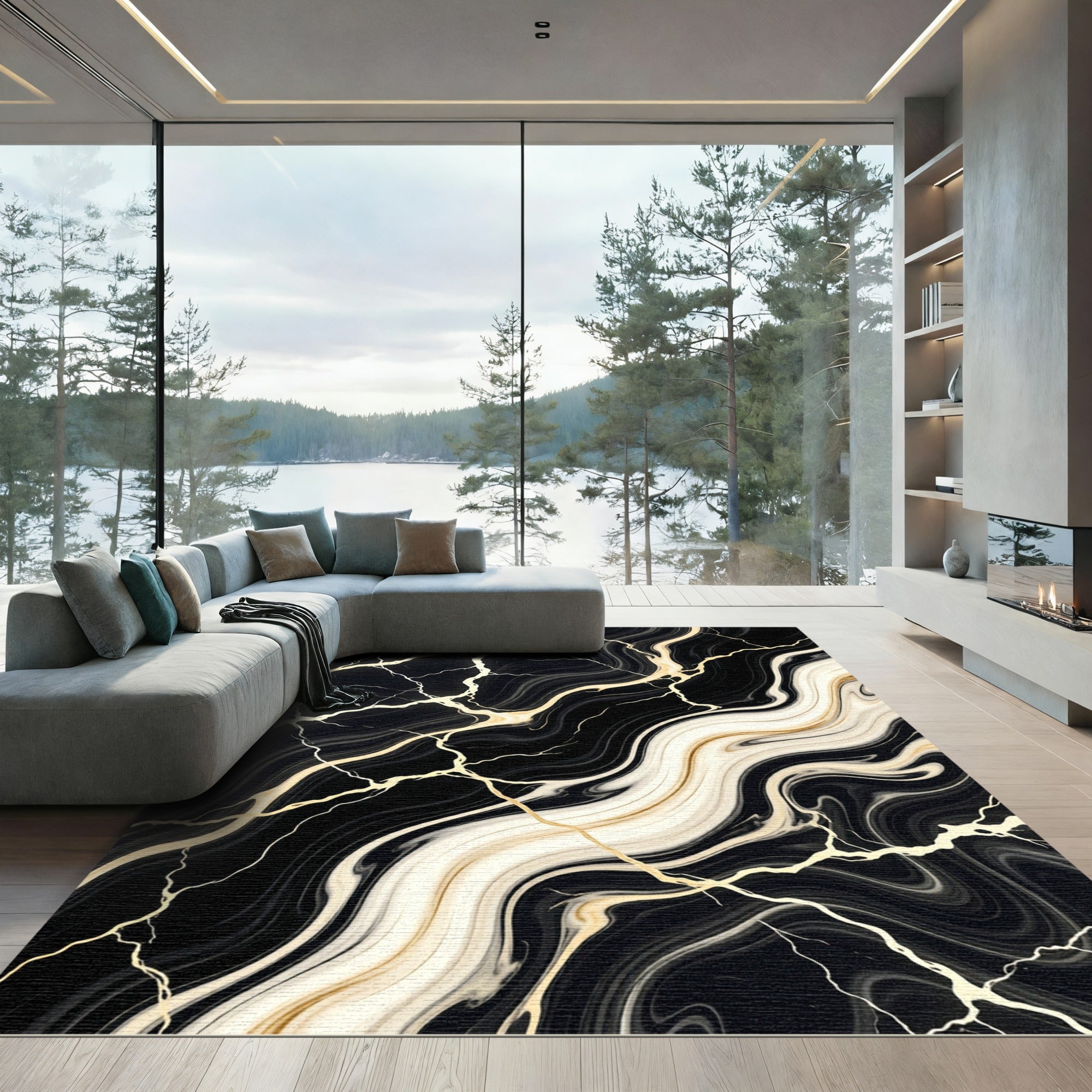 Elegant Black and Gold Marbled Swirl Rug