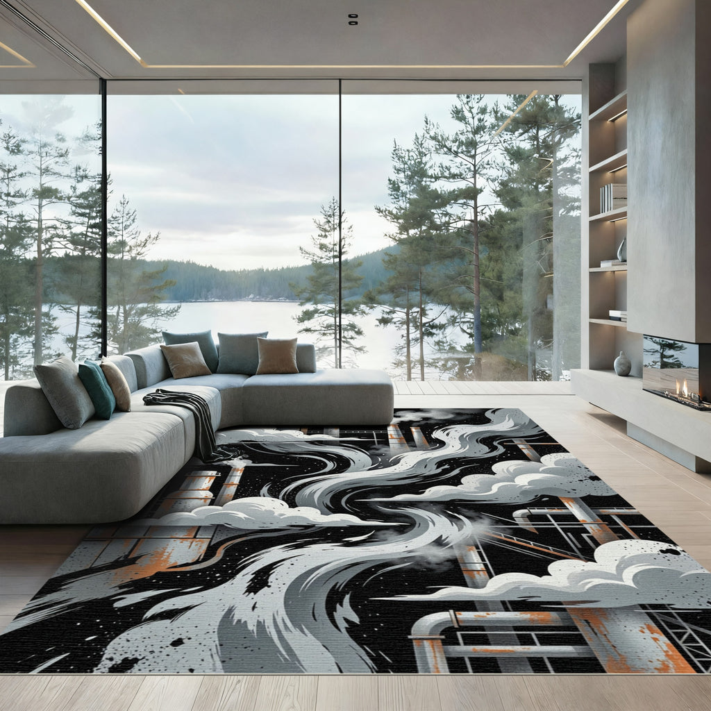 Industrial Gray Smoking Factory Skyline Rug