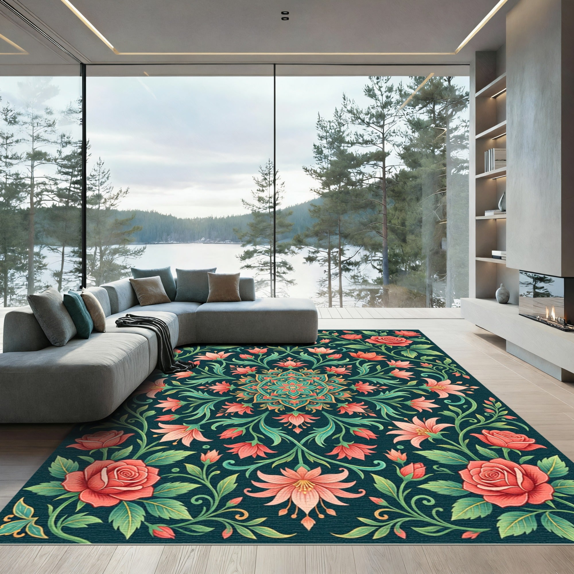 Floral Medallion Rose Garden Teal Area Rug