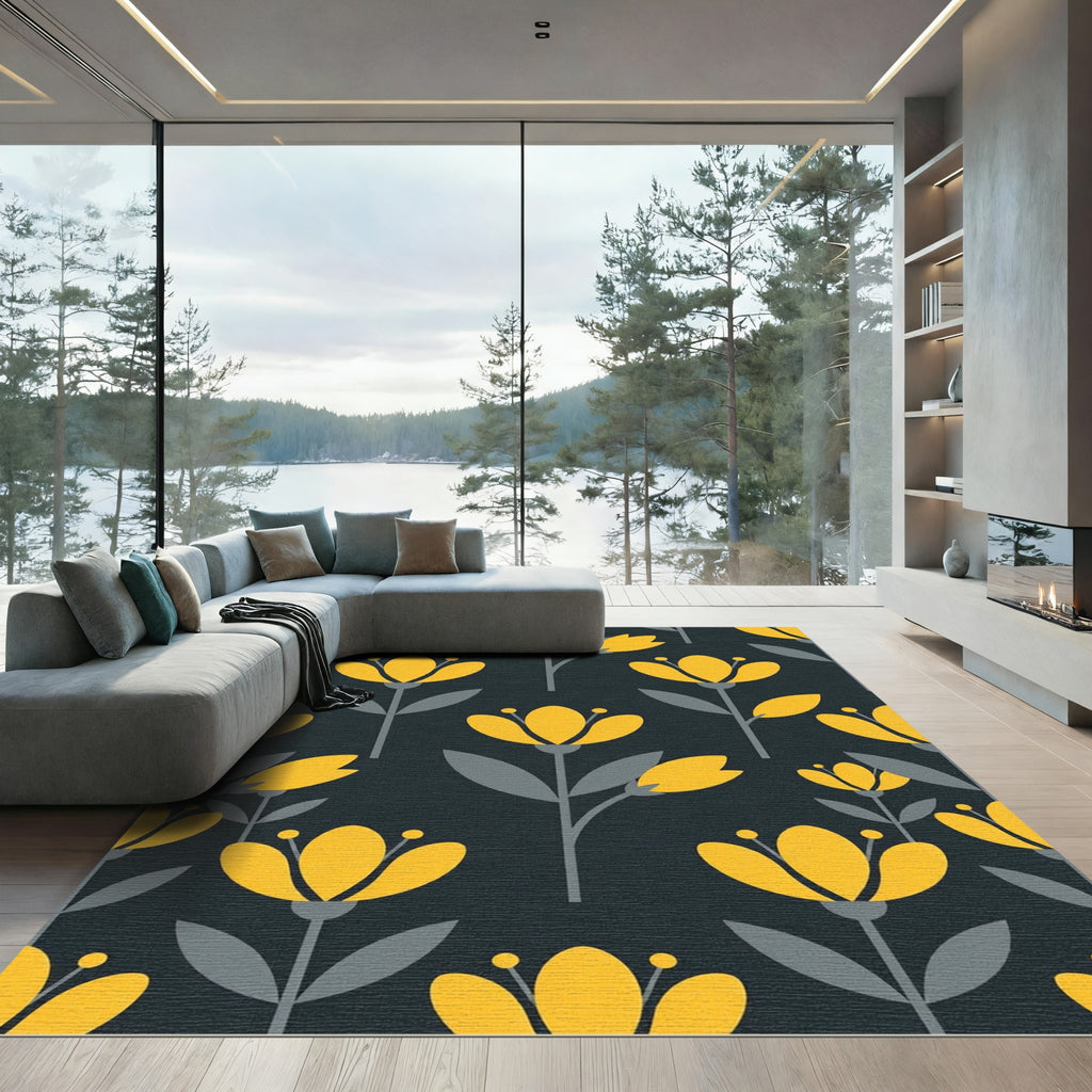 Mid-Century Golden Floral Charcoal Rug