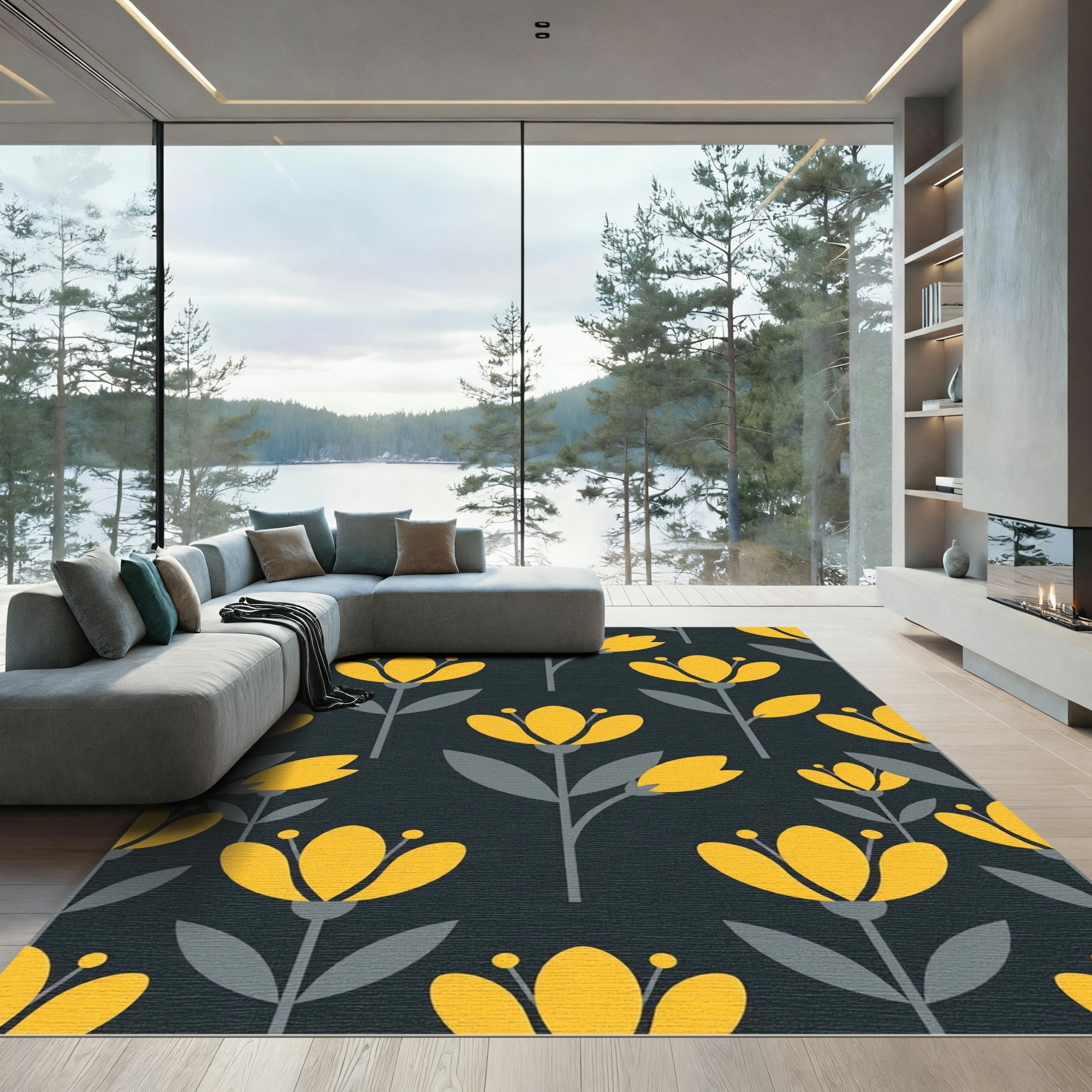 Mid-Century Golden Floral Charcoal Rug