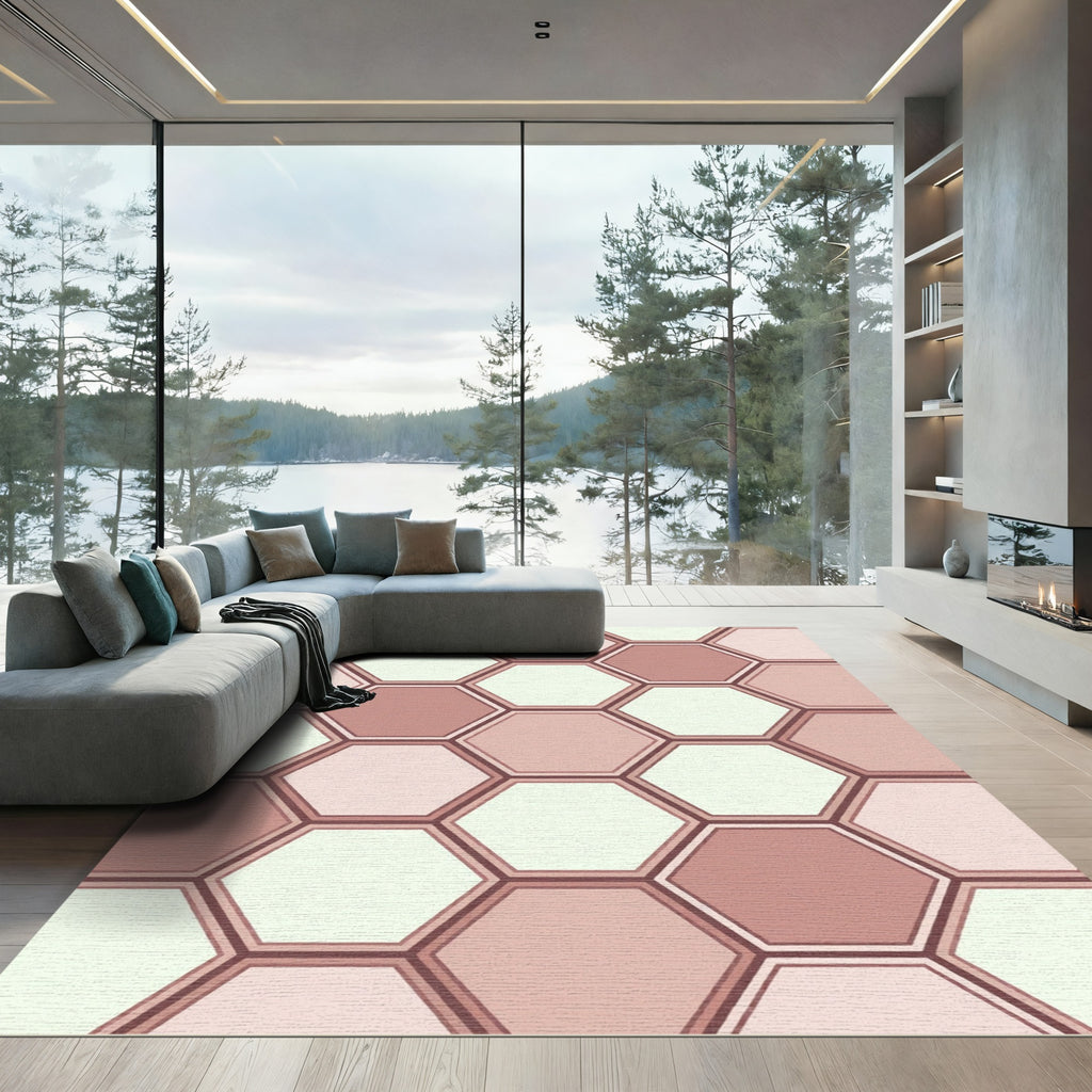 Rose Gold Hexagon Geometric Overlay Rug