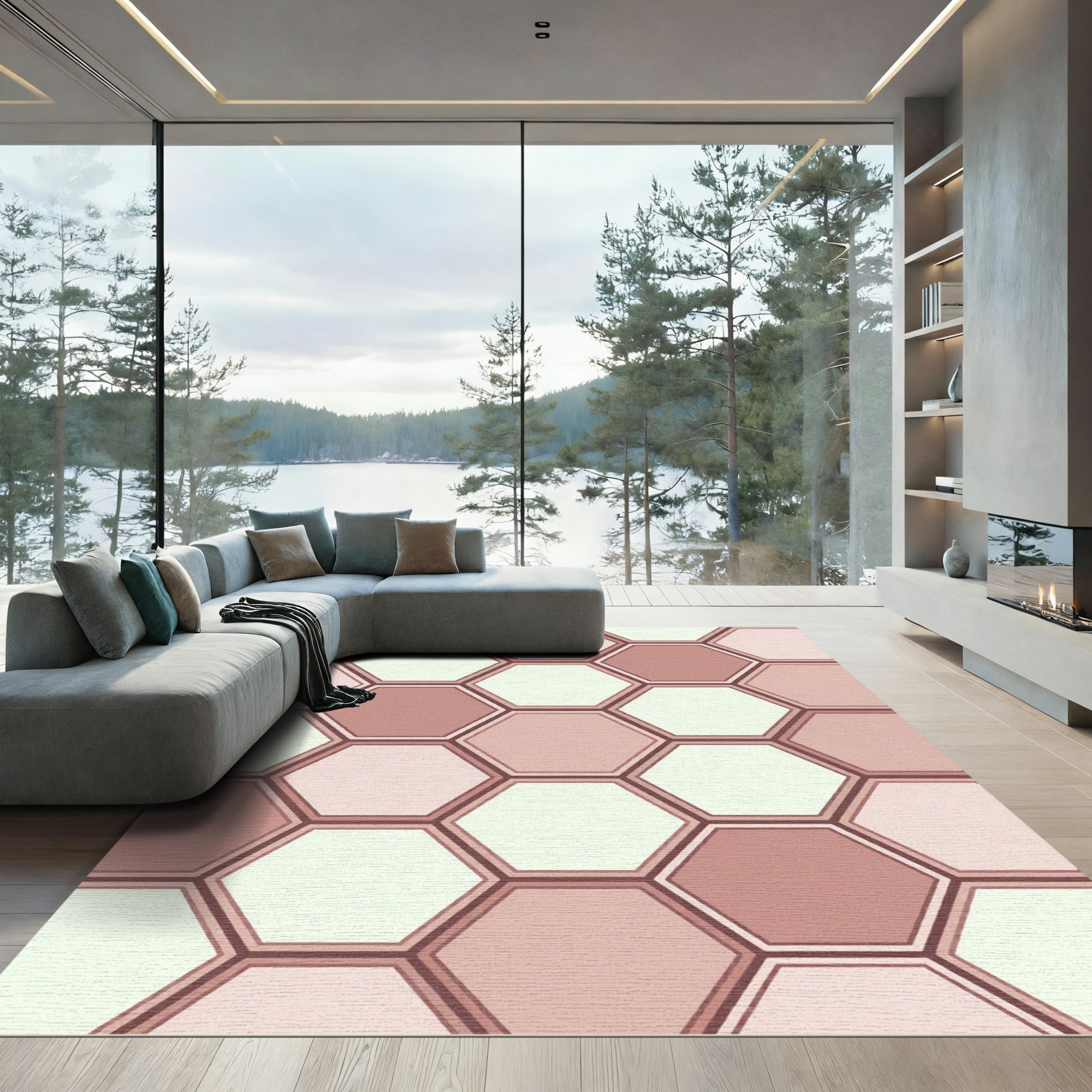 Rose Gold Hexagon Geometric Overlay Rug