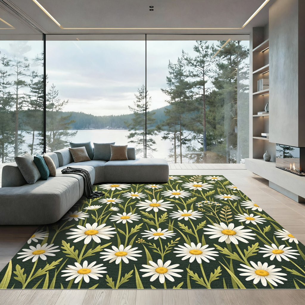 Whimsical White Daisy Garden Forest Green Rug