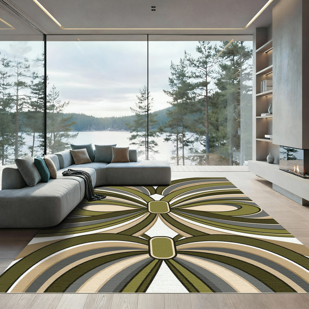 Mid Century Modern Olive Abstract Wave Rug
