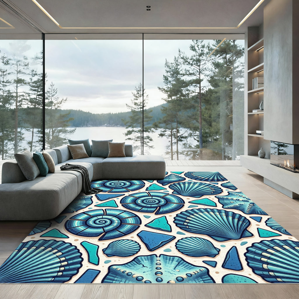 Coastal Blue Seashell Sea Glass Rug
