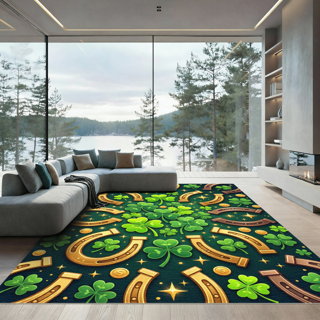 Golden Horseshoe and Emerald Shamrock Medallion Rug