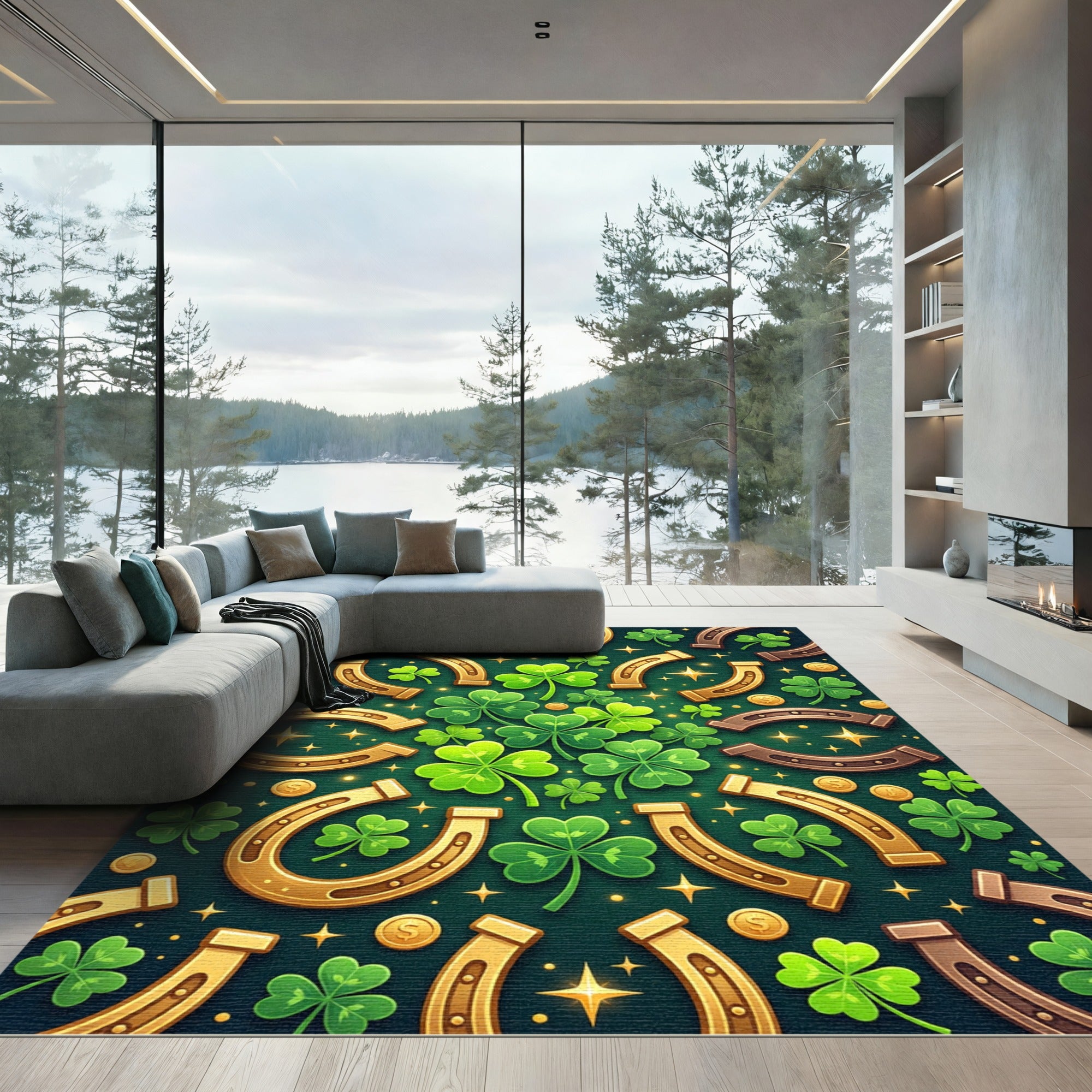 Golden Horseshoe and Emerald Shamrock Medallion Rug