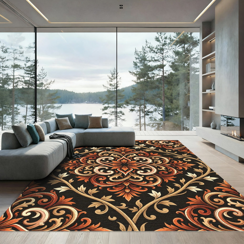 Vintage Black Orange Floral Swirl Rug