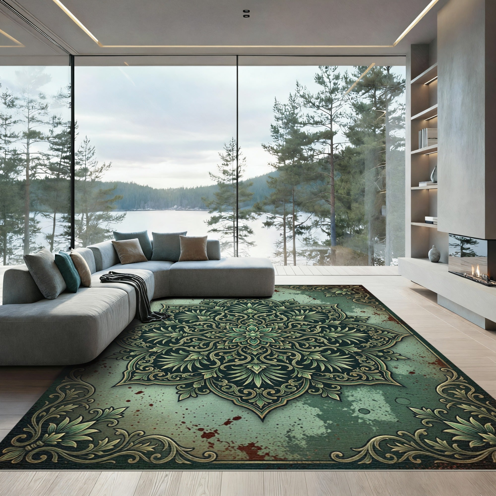 Vintage Sage Botanical Medallion Art Rug