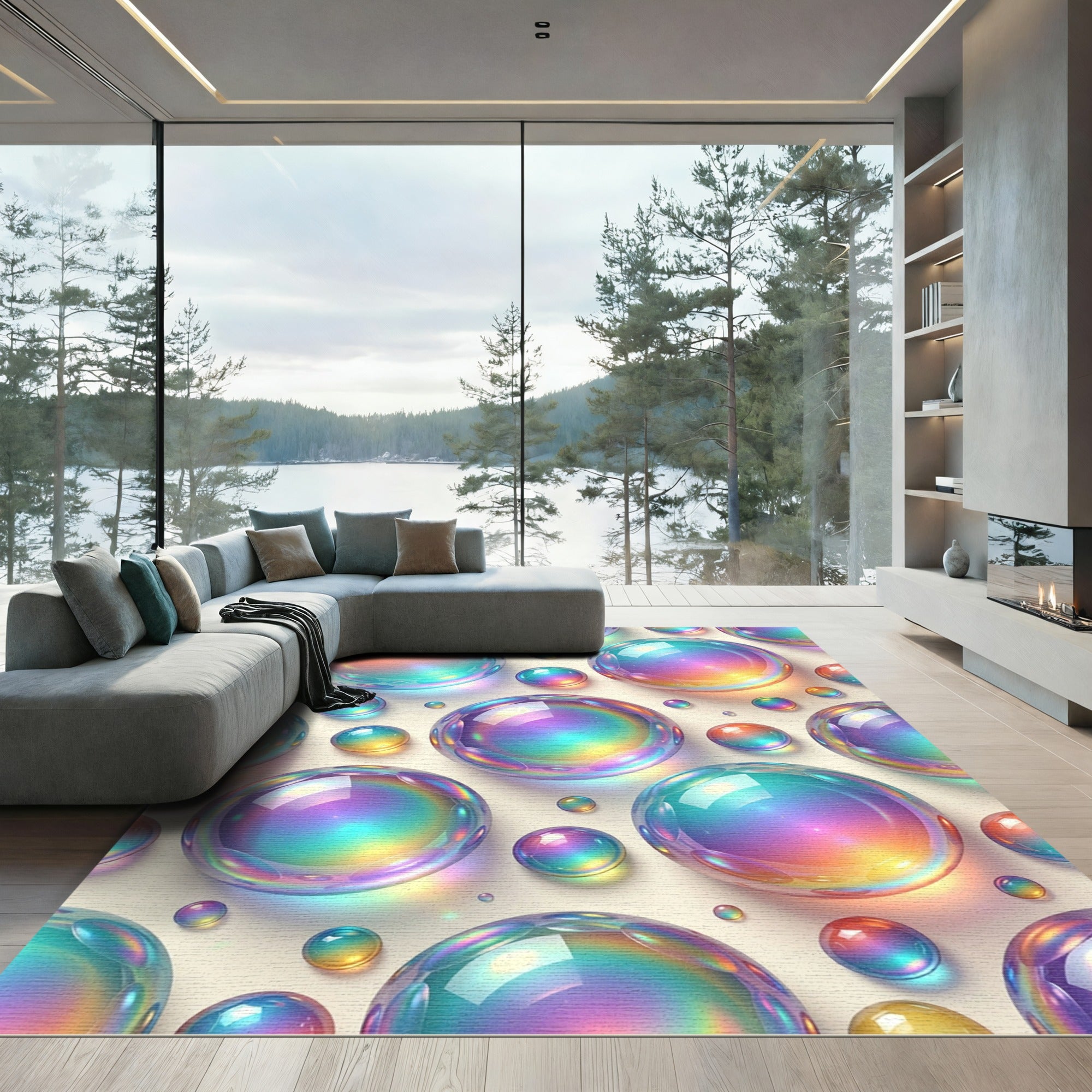 Iridescent Floating Bubbles Sphere Art Rug