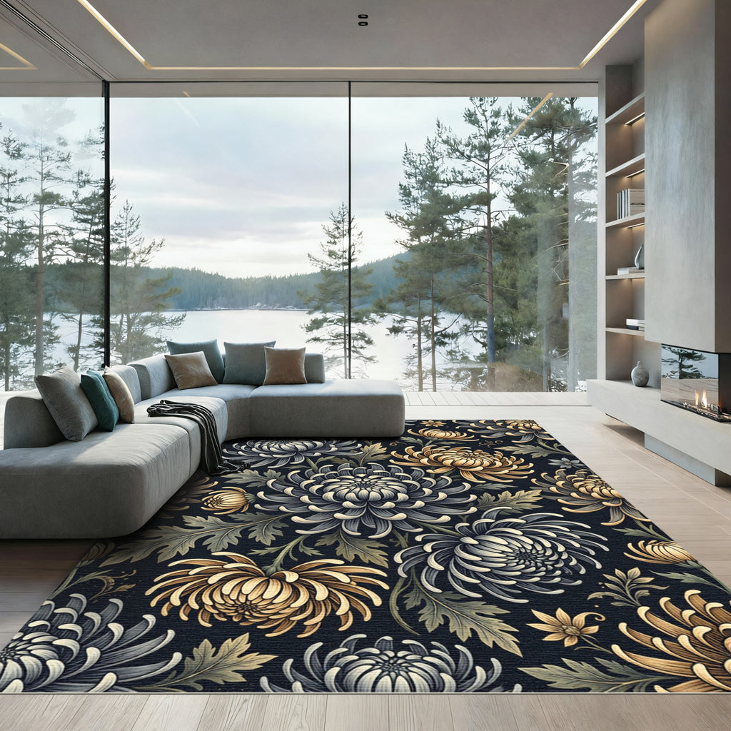 Elegant Gold and Slate Chrysanthemum Floral Rug