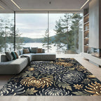 Elegant Gold and Slate Chrysanthemum Floral Rug
