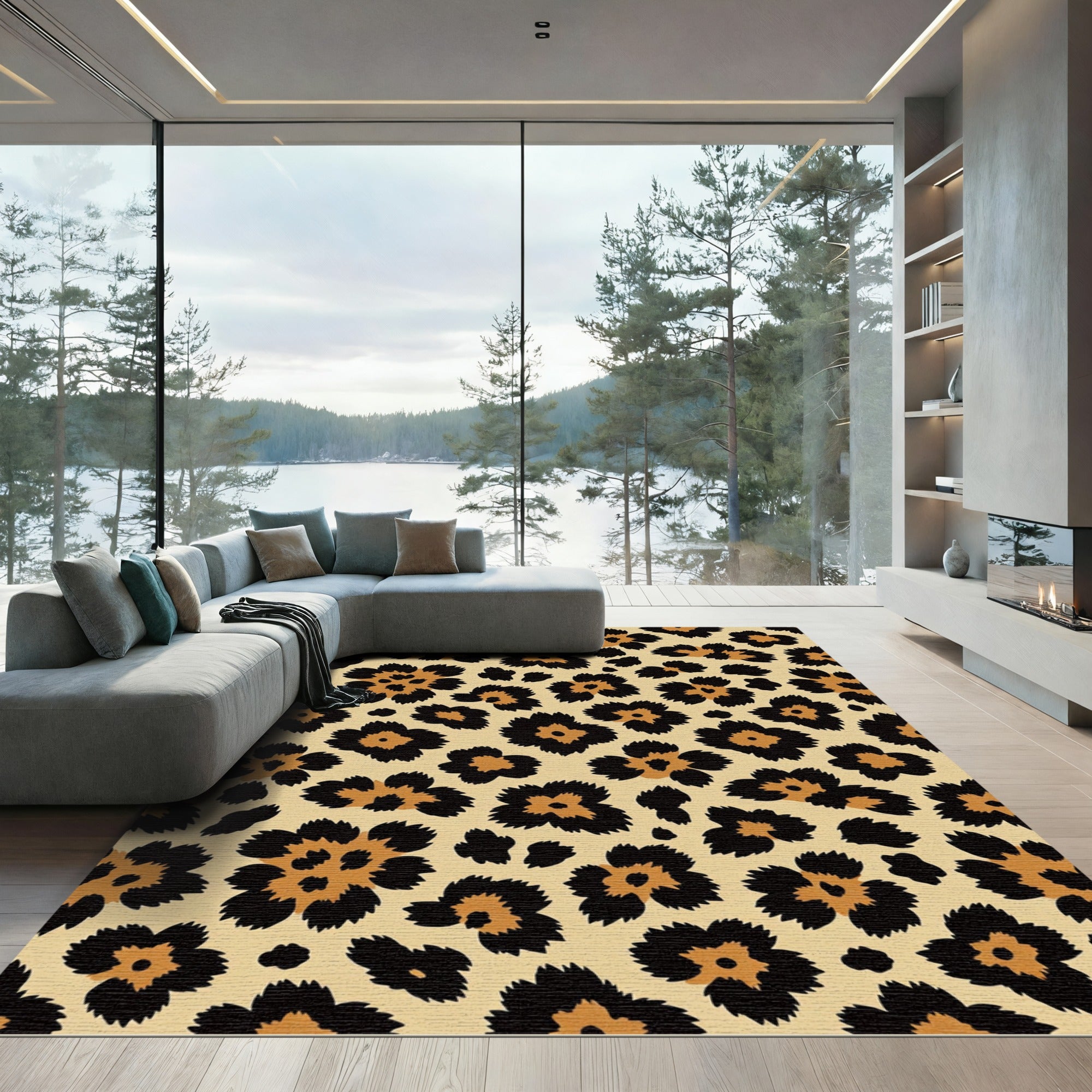 Golden Leopard Spots Flower Rug