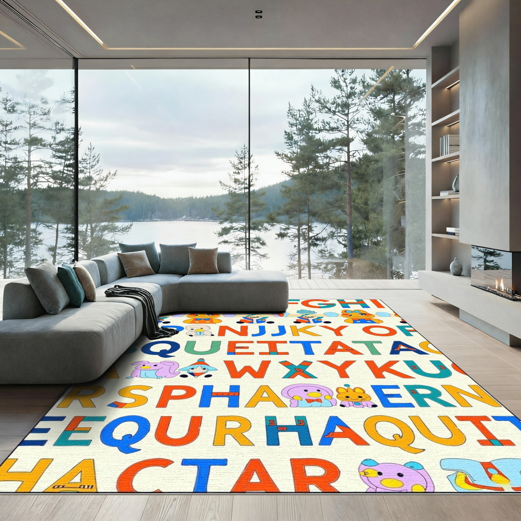 Alphabet Characters Whimsical Creatures Collage Rug
