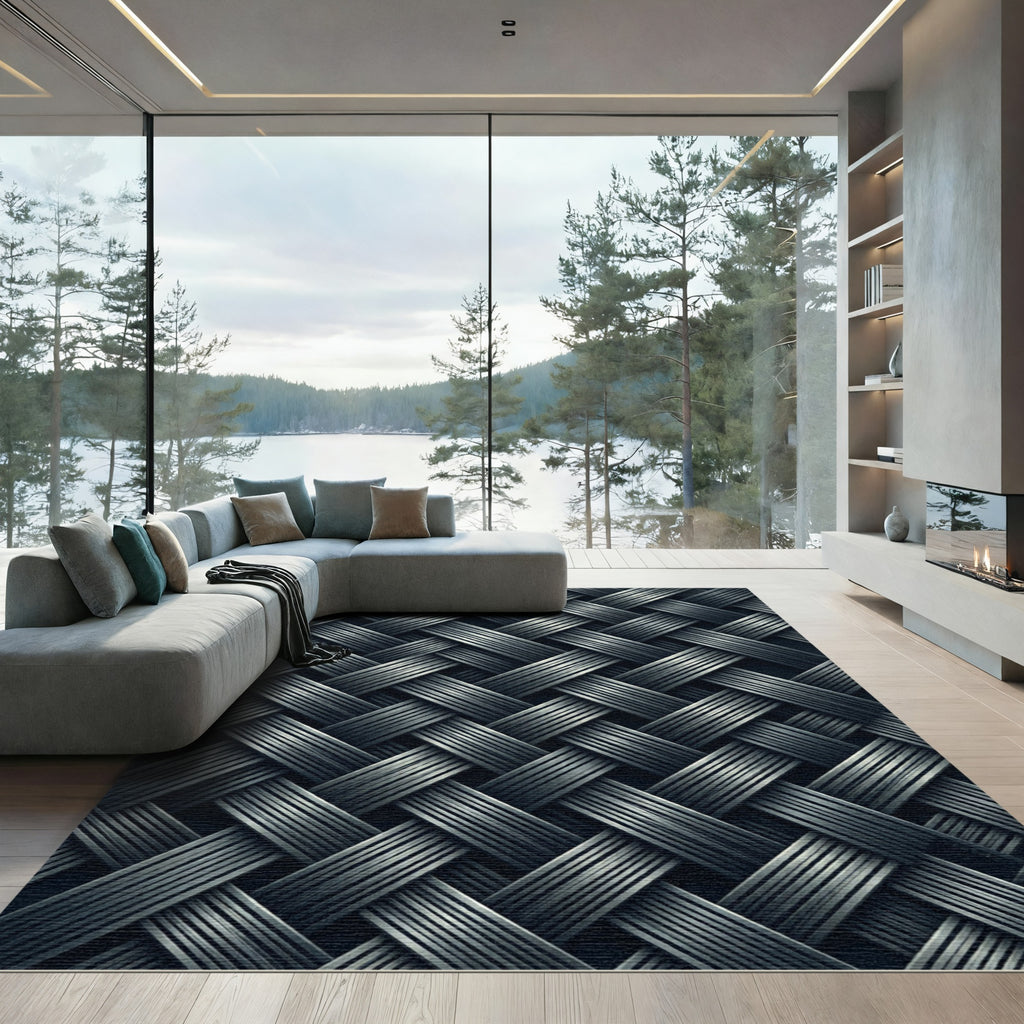 Monochrome Metallic Interwoven Diagonal Weave Rug